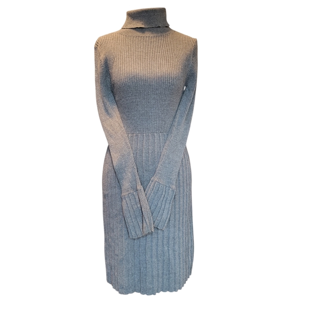 Adrianna Papell Gray Turtleneck Long Sleeve Ribbed Knit Pleated Sweater Dress